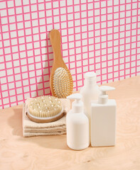 Natural organic spa cosmetic. Ecological bathing products. Clean white towels, shower gels, massage eco brush.