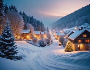 Evening Christmas decorated village in snow and lights - obrazy, fototapety, plakaty