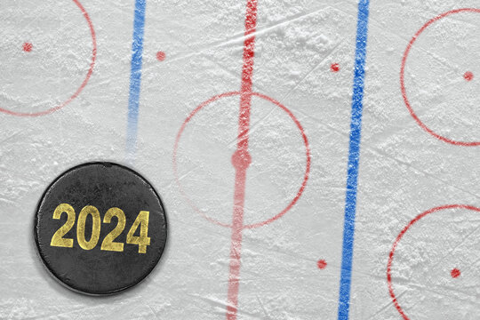 Hockey puck and ice arena concept with markings