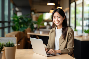 Young Asian Woman with Long Hair Smiling and Working at Office with Laptop
