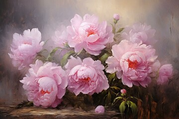 Rustic painting of beautiful peonies with an artistic background. Generative AI