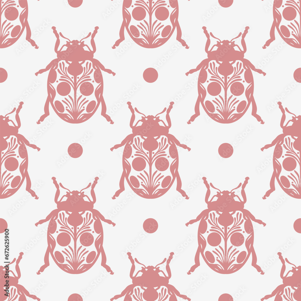 Wall mural Ladybug hand drawn beetle pattern seamless repeating backgorund, folk inspired vintage pattern with insect illustrations for wallpaper or fabric print design.