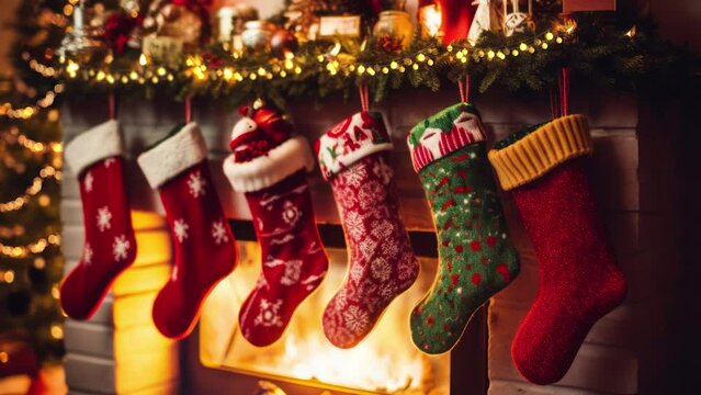 The video showcases a delightful, crackling fireplace, emitting a comforting warmth. Positioned above the fireplace are the quintessential Christmas stockings, ready to embrace a cascade of holiday