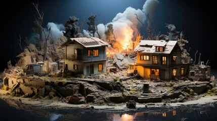 Modern city destroyed by explosions, war destruction in combat, broken concrete buildings and burning city