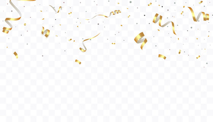 Confetti on a transparent background. Falling shiny golden confetti. Bright golden festive tinsel. Holiday design elements for web banner, poster, flyer, invitation. Vector	 - obrazy, fototapety, plakaty