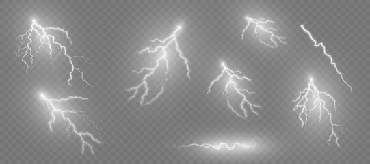 Set of lightning, thunderstorm and lightning, symbol of the natural force of electrical discharge of ball lightning isolated on a transparent background. - obrazy, fototapety, plakaty