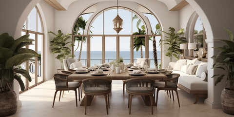 Fototapeta na wymiar Modern classic white kitchen in a luxury home. Large poor table with armchairs, marble flooring