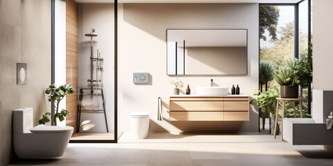 Fototapeta na wymiar modern bathroom renovation in beige colors with wooden details