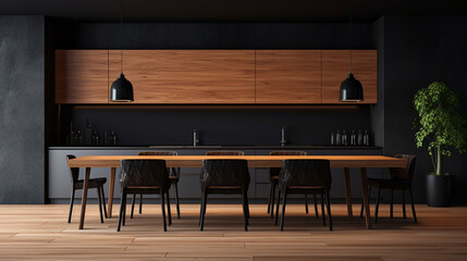 Large kitchen room with dark gray wall and with modern interior design, wooden table and chairs