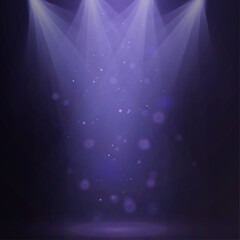 Light sources, concert lighting, stage spotlights. Spotlight beam with the effect of bright dust of shimmering bokeh. Vector