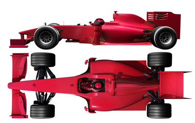 Side and top views of a generic formula one racing car, vividly colored in red shades. 3D illustration