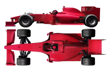 Tuinposter Side and top views of a generic formula one racing car, vividly colored in red shades. 3D illustration © Dana.S