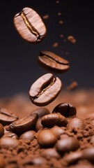 Falling brown roasted coffee beans. Close up of coffee beans background.