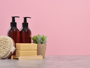 Natural cosmetic cleaning and care product. Round massage brush, natural soap, gels and plant. Copy space for text.