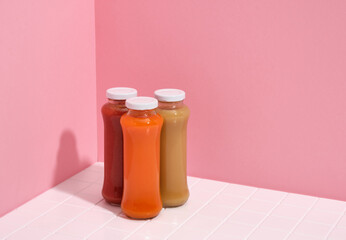 Delicious, nutritious juices in glass jars. A healthy diet and proper nutrition.