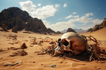 a skull in a desolate terrain following a catastrophic incident. Generative AI
