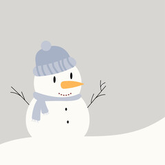 Snowman in a scarf and hat on a gray background. Fun winter holiday concept