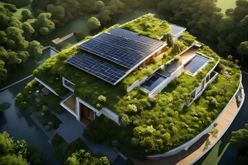 solar panels on the roof of house, house is full of Greenery 