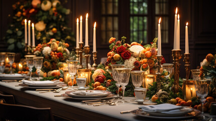 Fototapeta na wymiar Wedding event celebration and autumn holiday tables.