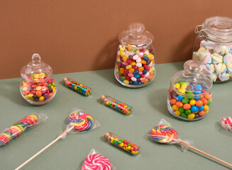 Sweet and delicious desserts on table. Candy collection.