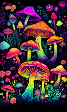 illustration fluorescente représentant des champignons magique et la prise de drogue psychédélique