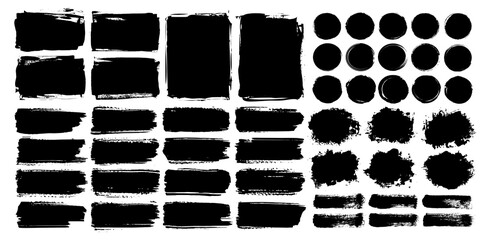 Black ink grunge paint brush stroke set. Watercolor texture, dirty overlay and vector decoration ornament. Grungy paint brush stroke or torn paper silhouette for social media business banner template. - obrazy, fototapety, plakaty
