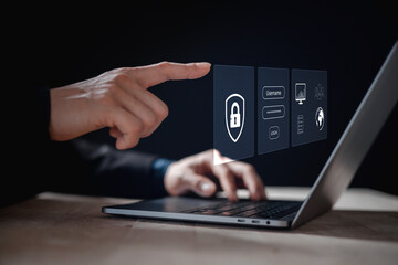 Cybersecurity and privacy concepts user privacy data information security encryption, protect business and financial transaction data, from cyber attack man using computer. internet network security.