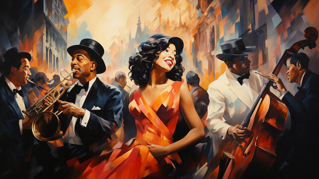 Harlem Renaissance: A vibrant scene capturing the spirit of the Harlem Renaissance with jazz, literature, and art