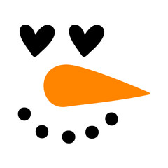 Logo snowman. Cara de muñeco de nieve con nariz de zanahoria y corazones en lugar de ojos para su uso en invitaciones y felicitaciones de Navidad