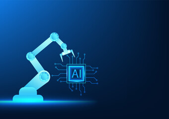 Industry 4.0 business technology, mechanical arm holding ai microchip plan. It refers to the modern manufacturing industry that is fully automated and uses artificial intelligence to help.