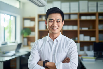 Portrait of a successful Asian teacher, a man in a shirt looking at the camera and smiling, in the classic office of the university director - obrazy, fototapety, plakaty