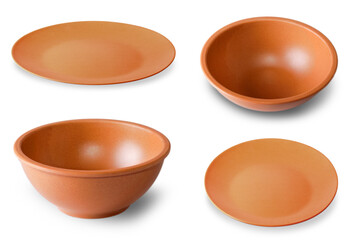 set of clay cups and plates isolated on the white background