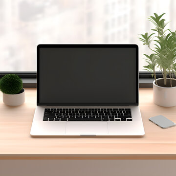 A mockup photo featuring a laptop on a sleek desk in a modern office space. The laptop screen is left blank, ready for the user to insert their own website or application design. Professional