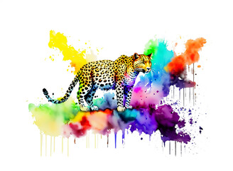 stehender Jaguar in regenbogen bunten Wasserfarben mit Spritzern und Kleksen vor einem weißen Hintergrund als Vorlage für Design wildlebender Tiere aus Afrika, Tierpark oder Zoo - obrazy, fototapety, plakaty
