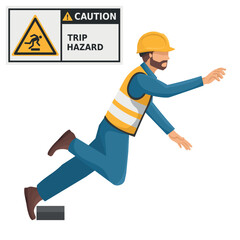 Industrial worker with trip hazard sign warning. Caution icon and pictogram. Work accident. Worker with personal protective equipment. Industrial safety and occupational health at work