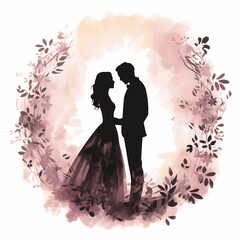 Bride and groom silhouette, hearts entwined, isolated on white background