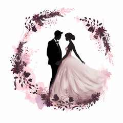 Bride and groom silhouette, holding hands in solidarity, isolated on white background