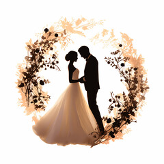 Loved-up silhouette of a bride and groom holding hands, facing each other, isolated on white background