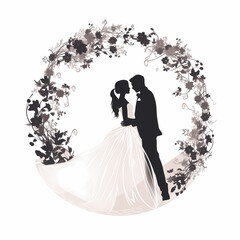 Elegant silhouette of a bride and groom holding hands, facing each other, isolated on white background
