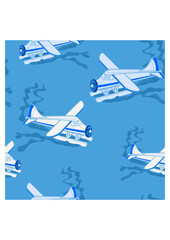 Editable Vector Illustration of Aerial Three-Quarter Oblique Front View Pontoon Floating Plane on a Wavy Lake as Seamless Pattern for Creating Background of Transportation or Recreation Related Design