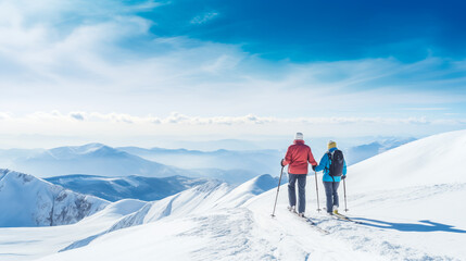 Fototapeta na wymiar Two skiers standing on top of a mountain and enjoying the view