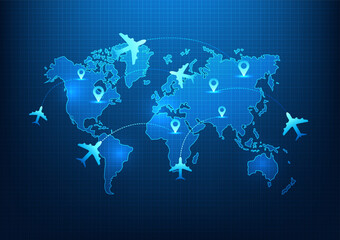 Transportation and logistics business technology Airplanes are pinned on the world map to deliver goods. By using technology and artificial intelligence to help manage the transportation system.