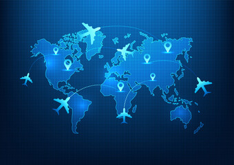 Transportation and logistics business technology Airplanes are pinned on the world map to deliver goods. By using technology and artificial intelligence to help manage the transportation system. © K illustrator Photo