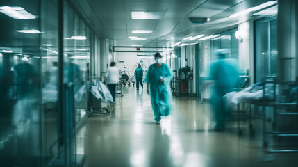 Fototapeta na wymiar medical personnel walking along the hospital corridor. Blurred background 