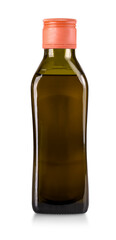 Olive oil bottle with red cap isolated on white background