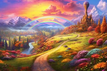 A colorful scene with a scenic road, vibrant rainbow, and a picturesque flower field against a magical fairytale setting. Generative AI