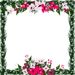 Obraz na płótnie Canvas Christmas Background, Winter Floral Frame, Snowfall, flowers and leaves border