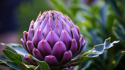 a purple flower with green leaves in the background