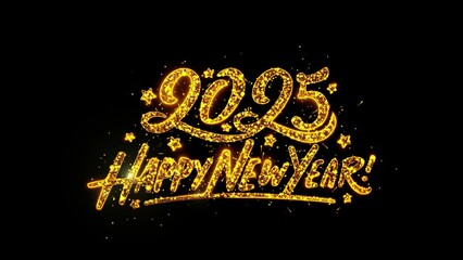 Happy New Year 2025 Greeting Luxury Text Golden Sparks shiny Fireworks Celebrations sparkles particles Animation. Greetings, Holidays, Events, Messages Celebrations. Merry Christmas Happy New Year.