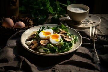 A dish consisting of eggs with mushrooms and greens, served on a tablecloth alongside cutlery. Generative AI